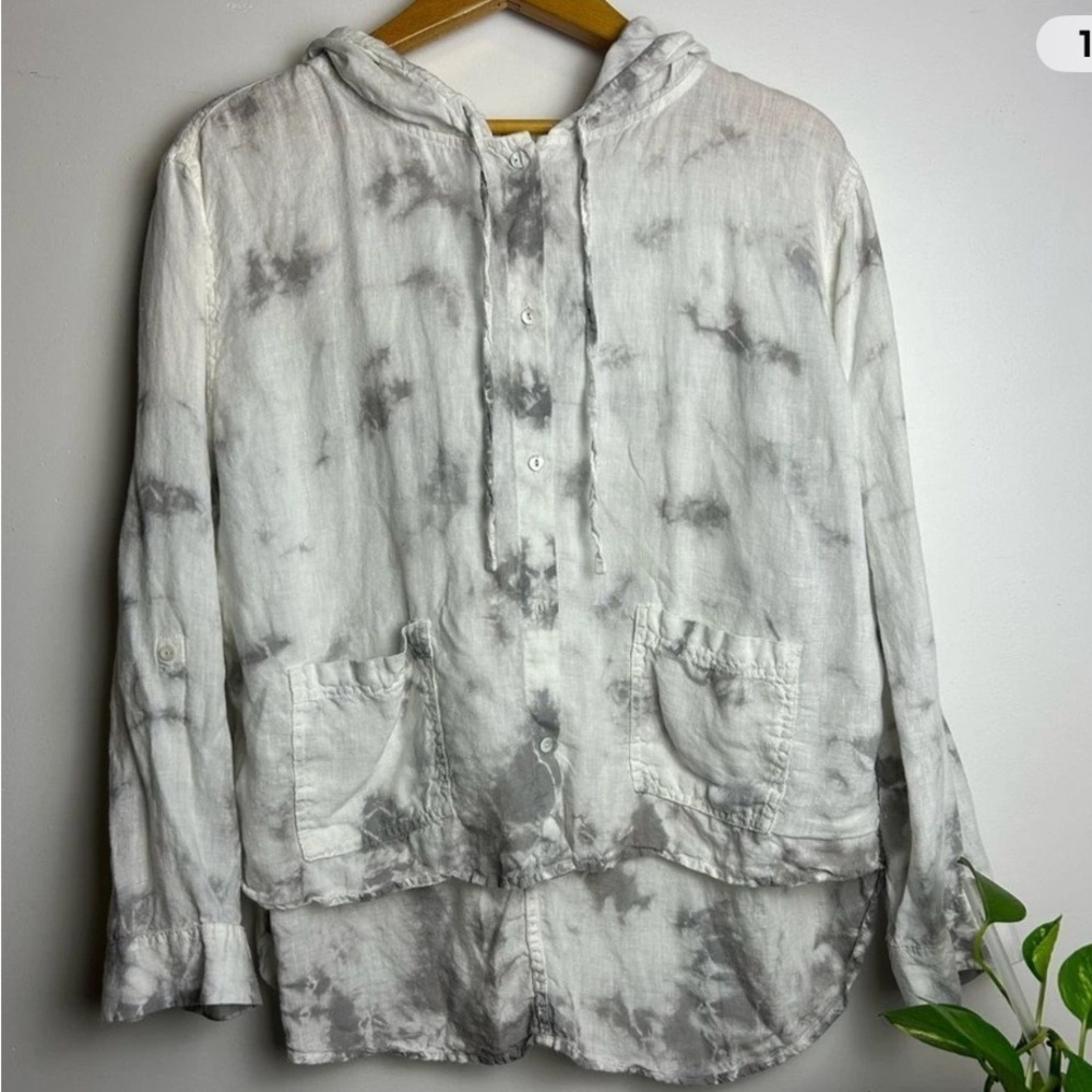 Rachel Zoe Tie Die 100% Hoodie Hi-Low Linen Gray White Long Sleeve Size L